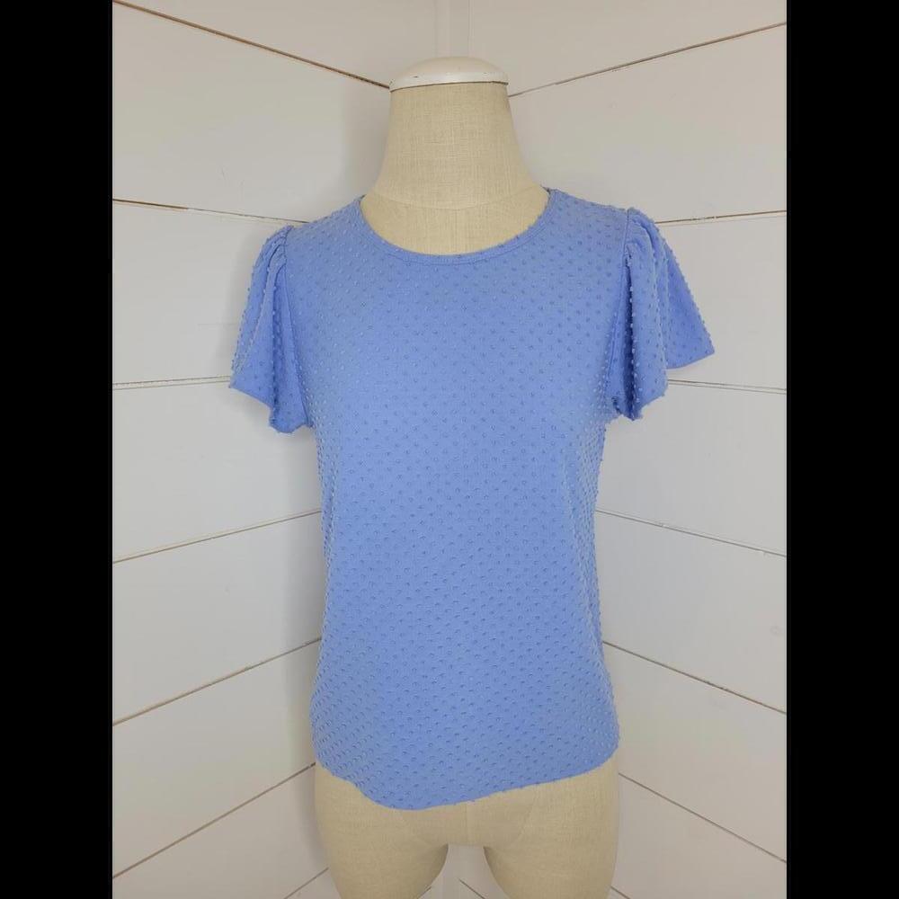 J CREW XS Blue dot textured tee shirt with flutter sleeves